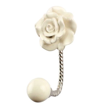 Cream Rose Flower Ceramic Wall Hook in Silver Fitting 